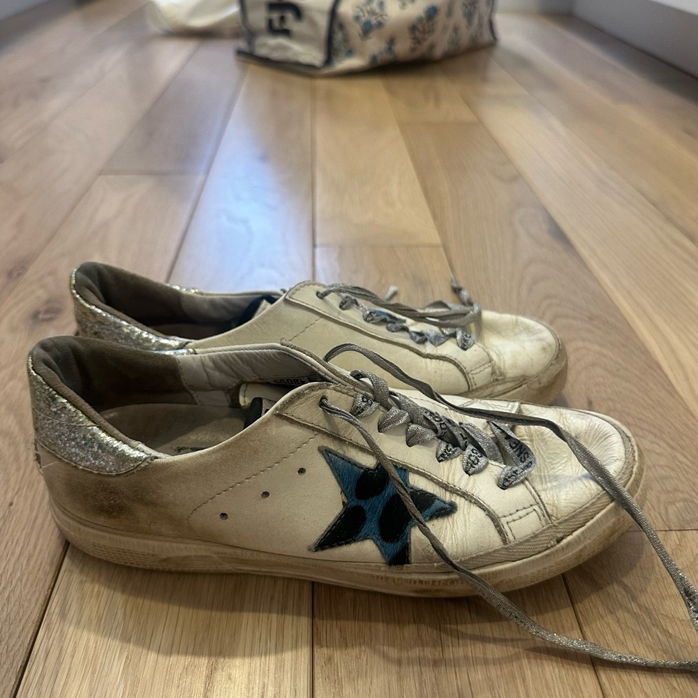Golden Goose White and Blue Star Sneakers